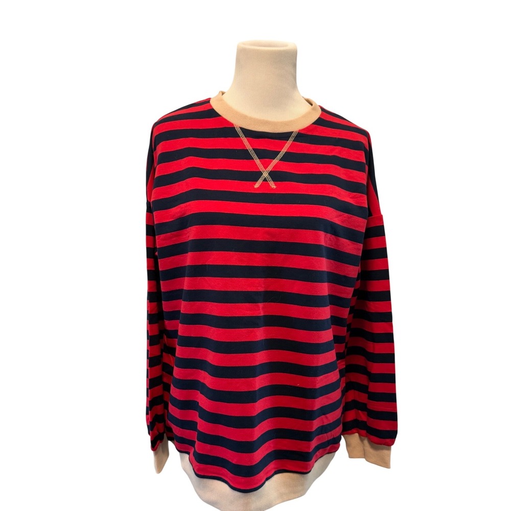 Rosvigor Womens Striped Long Sleeve Pullover Top Red Navy‎ Blue Tan Size L NWT